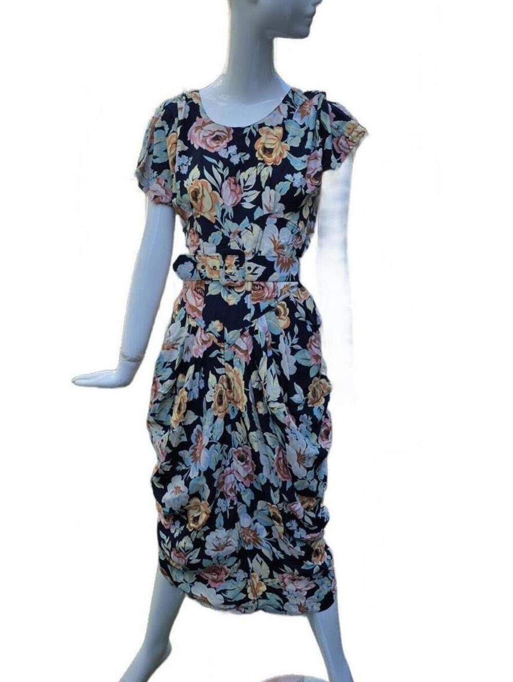 Karen Alexander 90s Dark Floral Mermaid Gown Tea length   XS Vintage Rayon